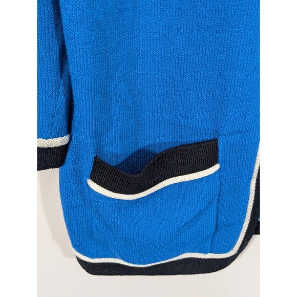 St. John Cardigan Sweater Sz M Open Front Blue Black Trim Santana Knit Pockets - Picture 4 of 8